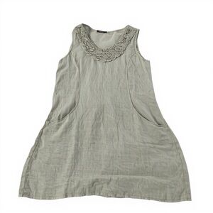 Sleeveless Embroidered 100%linen Neck Midi Dress - Light Sage